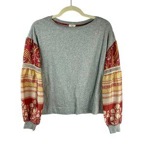 Tiny Anthropologie Mixed Media Shirt Women Small Gray Floral Balloon Sleeve Boho